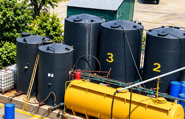 Black solvent storage tanks and the tanker bay at the Harvin labs plant